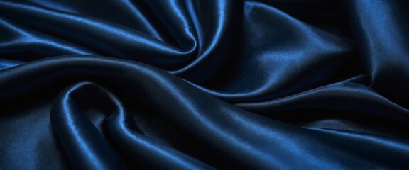 Obraz premium Beautiful dark blue silk satin background with soft folds on shiny fabric, luxury background with space for design, web banner, flat lay, top view.