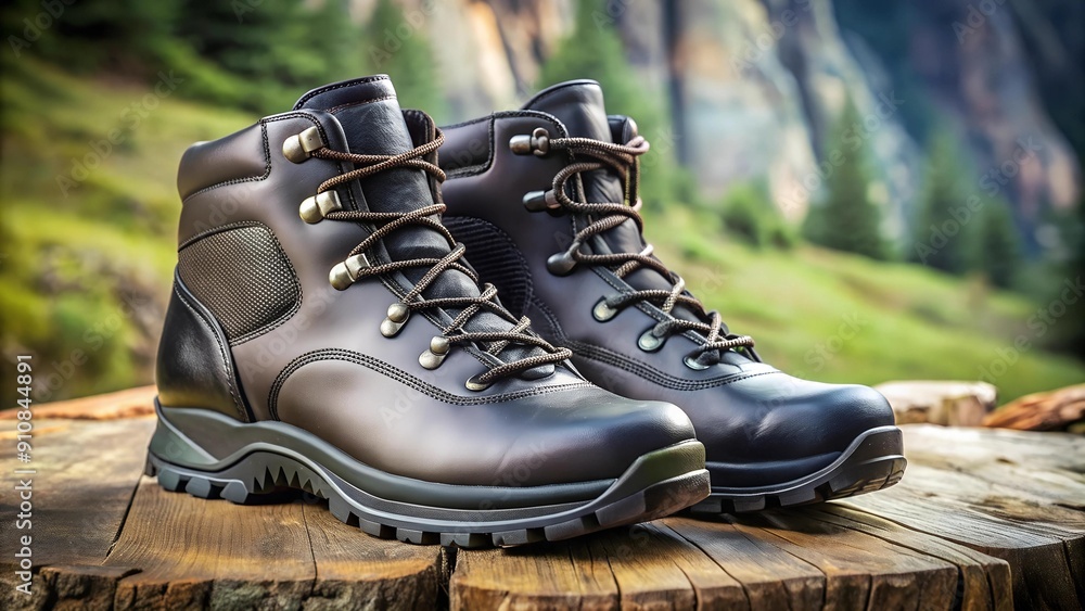 Wall mural Adventure Ready: Black Leather Hiking Boots with Vibram Soles  generative AI