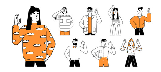 Fototapeta premium People with thumb&nbsp;up or Ok finger sign set. Happy men and women showing approval hand gestures: okay, yes, good, excellent. Nonverbal communication. Flat isolated outline vector illustrations on white