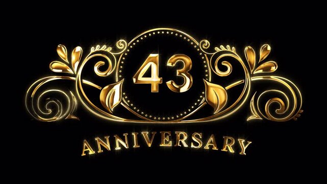 43rd Anniversary Celebration. Happy 43 Years Anniversary Animation in Gold Color on the Transparent Background, Alpha Channel. Great for greetings, celebrations, events, and gifts.