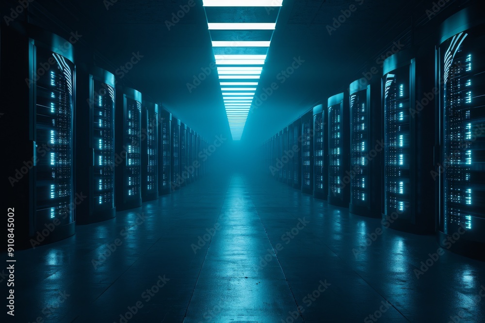 Poster this photo shows a long hallway filled with rows of servers, providing the infrastructure for data s