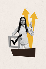 Vertical photo collage of happy businesswoman show okay gesture arrow point up development check mark growth isolated on painted background
