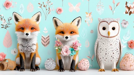 Obraz premium Charming fox and owl figurines adorned with flowers, set against a pastel backdrop with whimsical patterns. Perfect for decor.