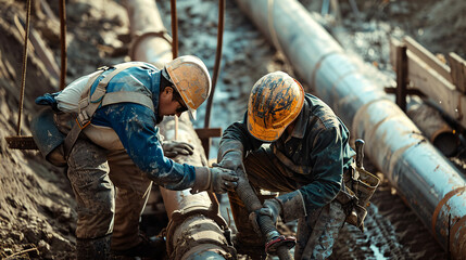 Workers in work clothes and helmets are concentrating on installing pipes