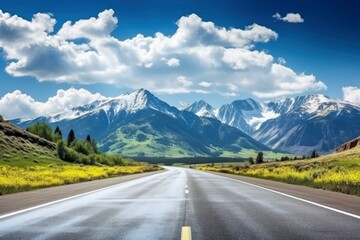 Naklejka premium Straight asphalt highway road and snow mountains with sky clouds natural landscape. car background with generative ai