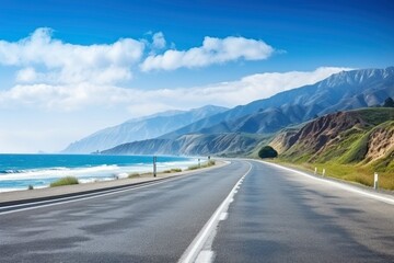 Naklejka premium Straight asphalt highway road and snow mountains with sky clouds natural landscape. car background with generative ai