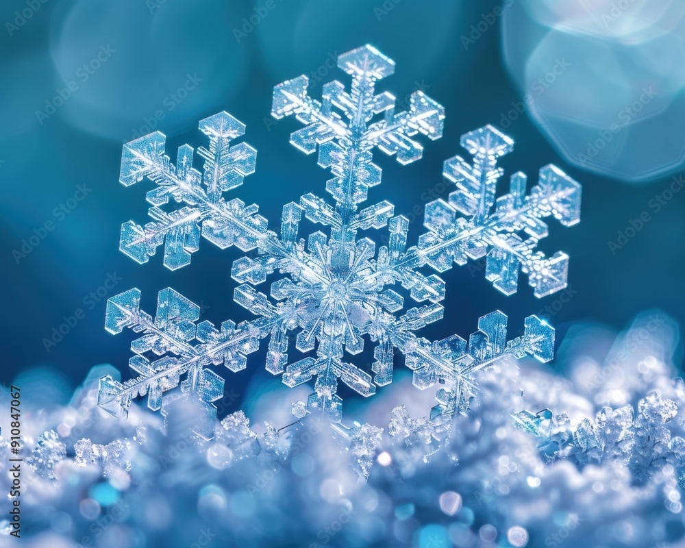 Poster a single snowflake rests on a bed of snow, its intricate details shimmering in the light. ai.