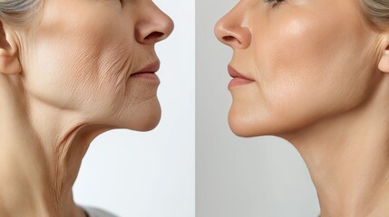 Obraz premium Before and After Comparison of Wrinkled and Smooth Skin on Mature Woman Following Advanced Cosmetic or Aesthetic Treatment,