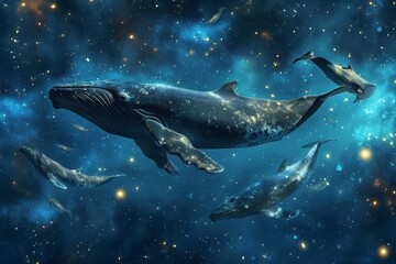Fototapeta premium A Group of Dolphins Swimming in the Ocean, Surrealistic scene of whales floating in a starry sky, nestled in the heart of the ocean, AI Generated