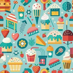 seamless pattern of ice cream shop interiors and decorations