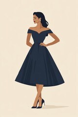 Fototapeta premium Minimalism illustration, a South Asian woman, wearing a refined navy blue dress with a sweetheart neckline and A-line skirt, standing with one hand resting gently on her hip, elegant fashion, boho