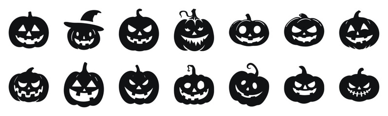 Fototapeta premium Halloween jack-o-lanterns vector silhouette illustration. Collection of spooky pumpkin faces with various expressions in black and white.