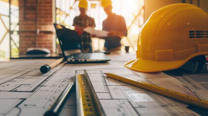 Construction blueprints and yellow hard hat with blurred construction worker background