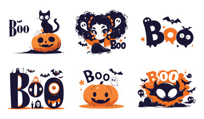 Halloween lettering Boo text vector cartoon illustration. Demon character, flying bats, cat, pumpkin, cute girl Halloween design.