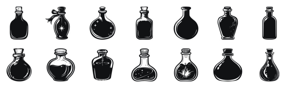 Vintage potion bottle vector silhouette illustration. Collection of mystical bottles with skulls, stars, and hearts in black and white.