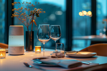 Elegant table setup glasses of champagne drinks and cutlery with candle light in luxury restaurant. Romantic dinner date on vacation concept.