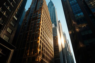 A bustling cityscape dominated by a cluster of towering buildings, creating an atmosphere of urban intensity, Tall skyscrapers casting long, dramatic shadows in the mid-morning sun, AI Generated