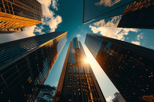 Fototapeta A photo capturing the view of towering skyscrapers in New York City as seen from a ground-level perspective, Tall skyscrapers casting long, dramatic shadows in the mid-morning sun, AI Generated