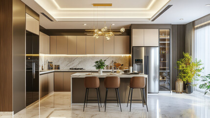 A kitchen with modern refrigerator and stylish furniture.