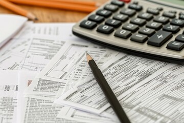 A neat and organized office desk featuring a calculator, pen, and paper, Tax preparation tools and documents, AI Generated