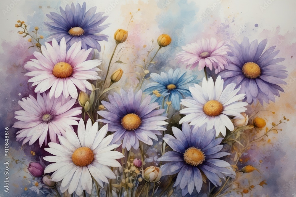 Poster delicate watercolor daisies and asters painting