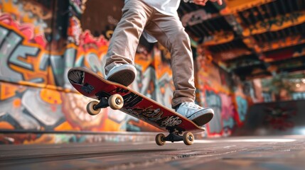 Obraz premium A skateboarder performs a trick in an urban environment with vibrant graffiti, showcasing dynamic movement and street culture.