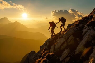 Two individuals are ascending a mountain during the golden hour, Testament of true friendship as a hiker pulls a friend up the mountain ridge, AI Generated