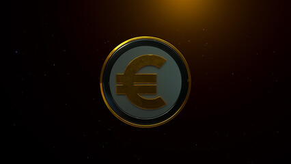 A golden Euro symbol centered on a round, metallic background with sparkling grains of glitter dust in the surrounding dark space