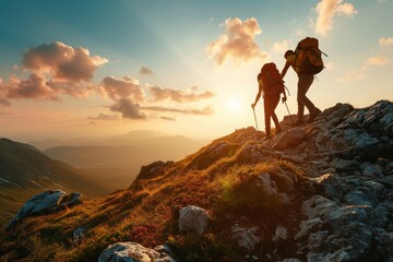 Naklejka premium Two individuals trekking up the mountainside in the evening light, Testament of true friendship as a hiker pulls a friend up the mountain ridge, AI Generated
