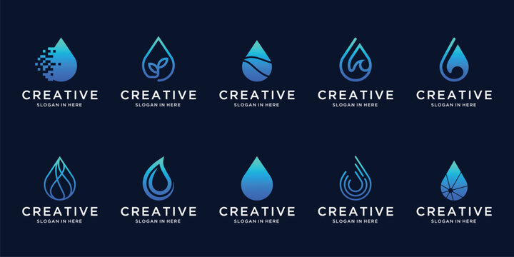 Set collection of  Water Drop , digital, wave, Vector Logo Design.Eco Bright Natural Energy Minimalist 