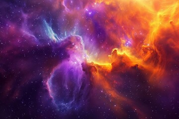 An image capturing a vibrant space with numerous stars and billowing clouds, The birth of a star in a vibrant space nebula, AI Generated