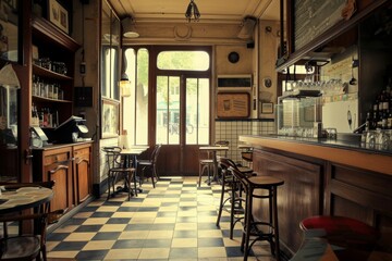 This photo showcases a restaurant featuring a checkered floor and plenty of counter space for customers, The charm of an empty French style bistro kitchen, AI Generated