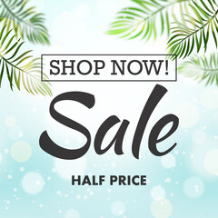 Sun light background. Abstract bright spring or summer landscape texture with bokeh, lights sun and blue sky. copy space