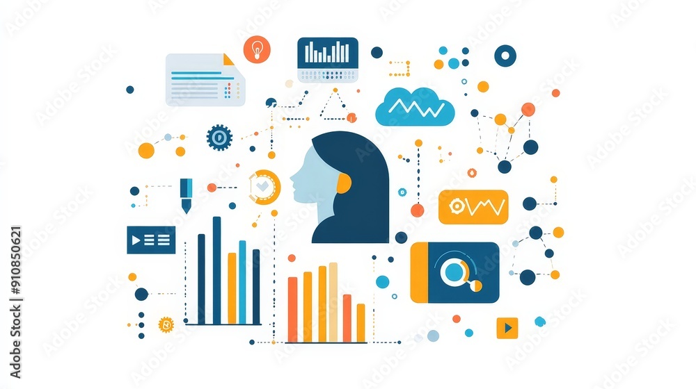Poster minimalist flat vector illustration of data-driven decision making in business intelligence process 