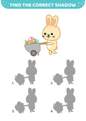 Find the correct shadow. Rabbit, garden cart, big Easter egg. Shadow matching game. Cartoon, vector