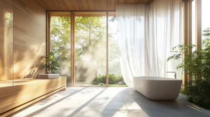 A modern bathroom with wooden features and large windows. The curtains are flowing in the wind and sunlight is filling the room.