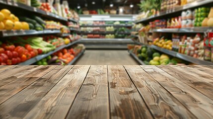 Fototapeta premium Empty wooden table with blurred fresh vegetables shop background. Groceries product display