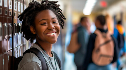 Happy Black Girl Student at Locker in School Hallway