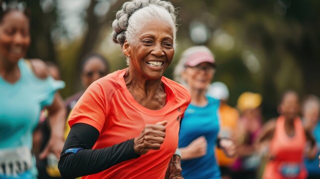 An older woman smiles brightly as she participates in a community running event with other enthusiastic runners