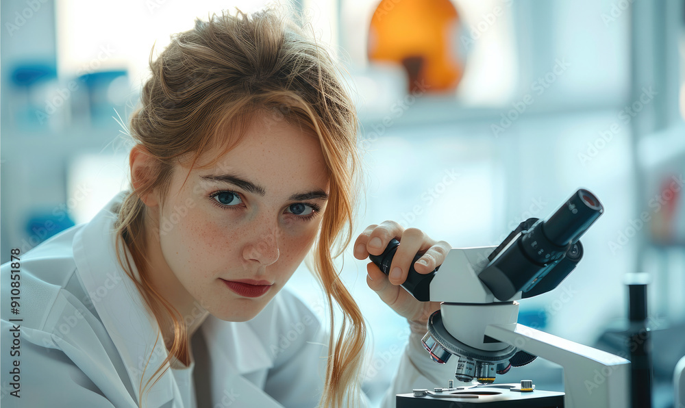 Aufkleber the doctor works with a microscope. a female scientist examines a microscope in the lab. concept of 