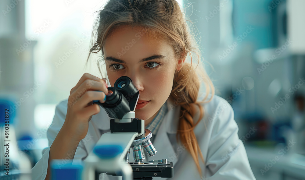 Leinwandbilder the doctor works with a microscope. a female scientist examines a microscope in the lab. concept of 