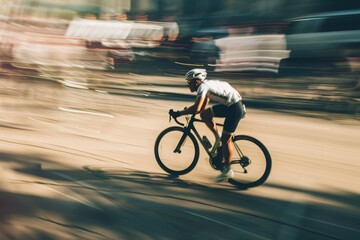 Fototapeta premium A man wearing casual attire is riding a bicycle down a busy city street lined with buildings and parked cars, The intensity of a cyclist racing against the wind, AI Generated