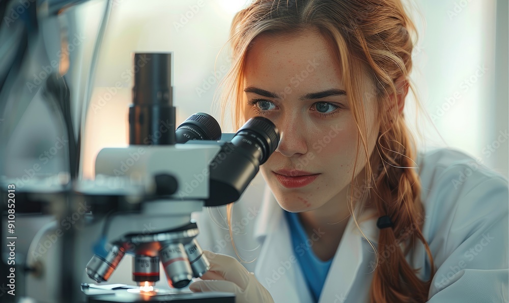Aufkleber The doctor works with a microscope. A female scientist examines a microscope in the lab. Concept of a science laboratory. Generative AI.