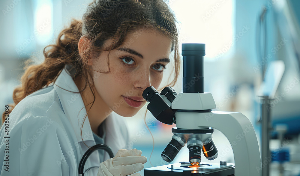 Leinwandbilder the doctor works with a microscope. a female scientist examines a microscope in the lab. concept of 