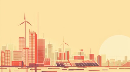 Obraz premium Minimalism illustration, silhouette of a high-tech metro city with solar panels and wind turbines, flat illustration on soft cream background, empty copy space, lofi style illustration