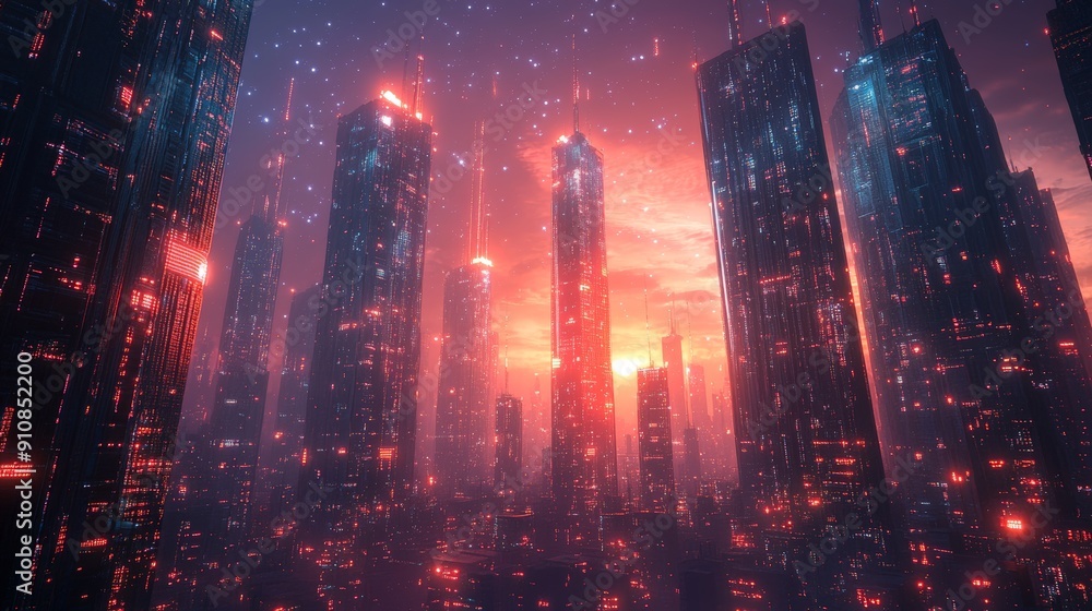 Poster digital metropolis: surreal futuristic cityscape with data centers and robotic figures representing 