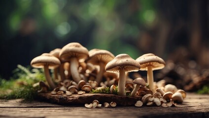 Close up champignons mushrooms on a wooden table.