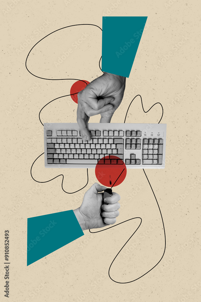 Poster vertical poster collage human hands keyboard lighter burn ignite keys buttons press computer device 
