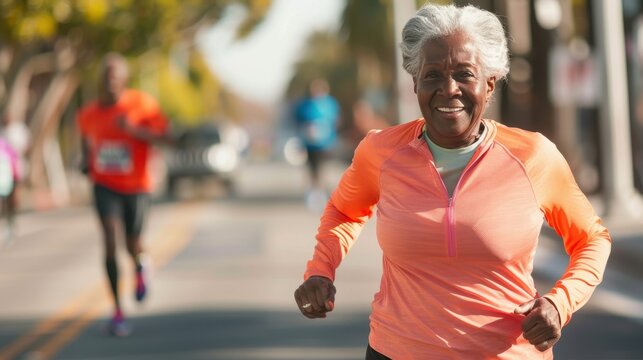 An elderly woman smiles as she runs energetically in a community race on a sunny day