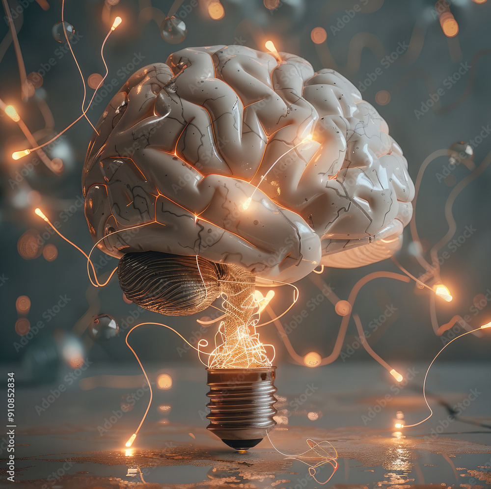 Poster A brain with glowing ideas around it. Generative AI.
